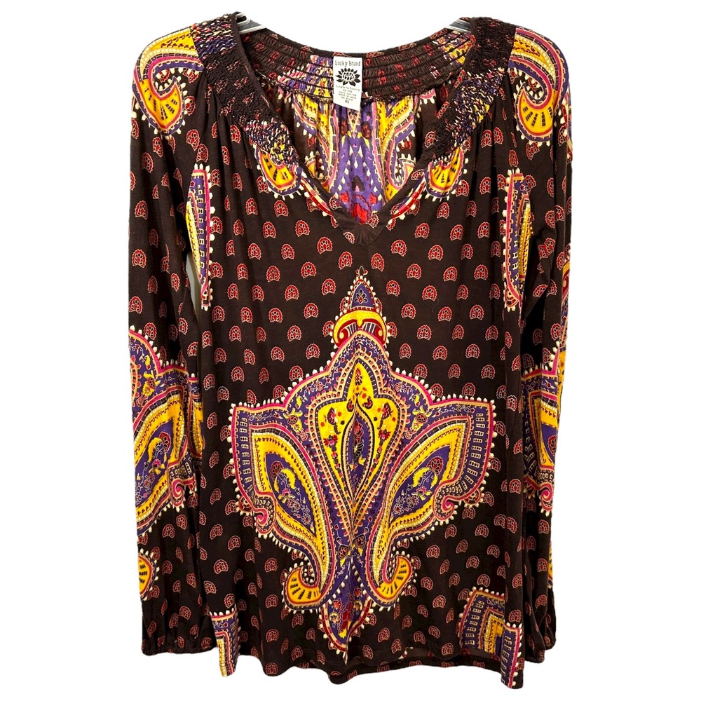 Lucky Brand XS Top VTG Y2K Hippie Paisley Smocked Brown Lotus Grunge Boho‎ 1309